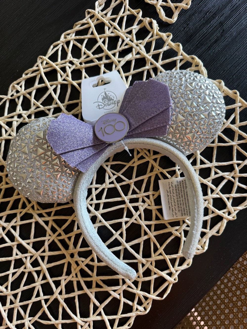 Disney Silver Glitter Minnie Ear Headband with Purple Bow